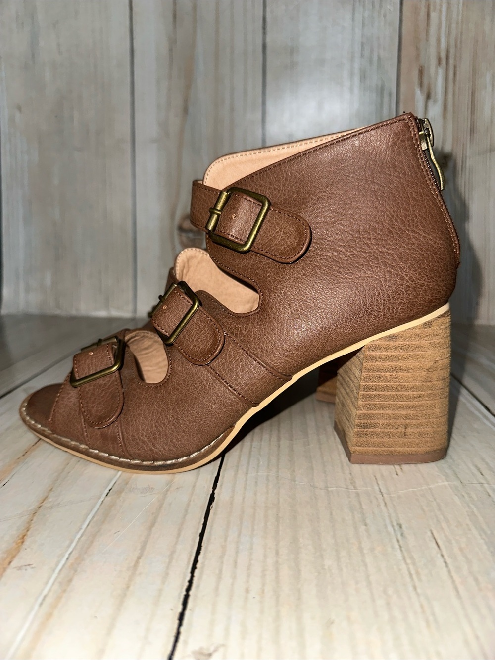 BEAST FASHION Brown Triple-Buckle Peep-Toe Heels
